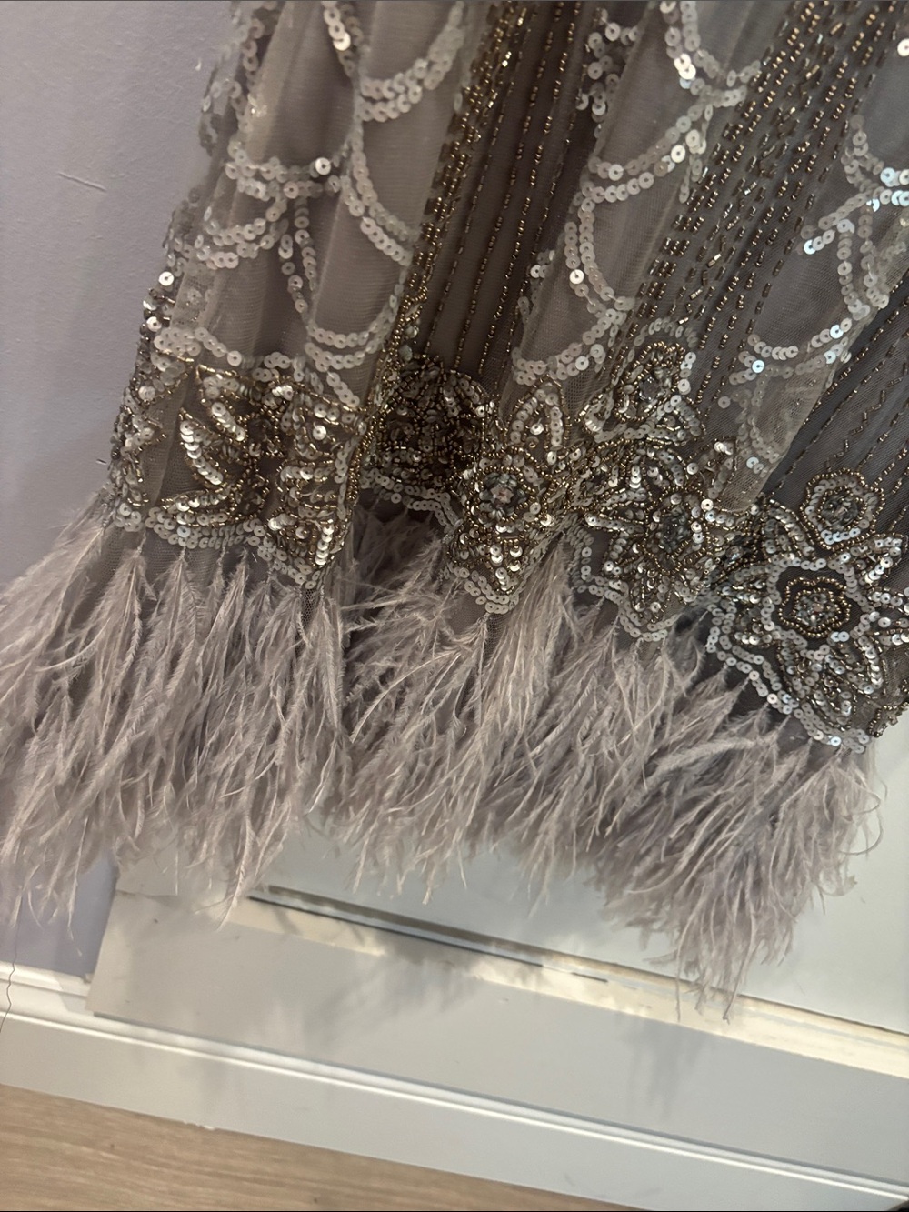 SUE WONG Beaded Feather Hem Cocktail Dress - SILVER - Picture 6 of 6